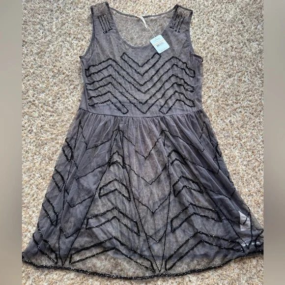 Free People | Intimates & Sleepwear | New Revolve Free People S Embellished  Beaded Mesh Mini Slip Dress Charcoal Sheer | Poshmark